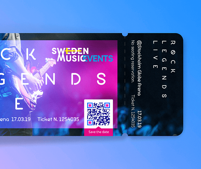 Eintrittskarte für ein Musikfestival mit einem QR Code, über den Teilnehmer die Eventdetails in ihrem Smartphone-Kalender speichern können.