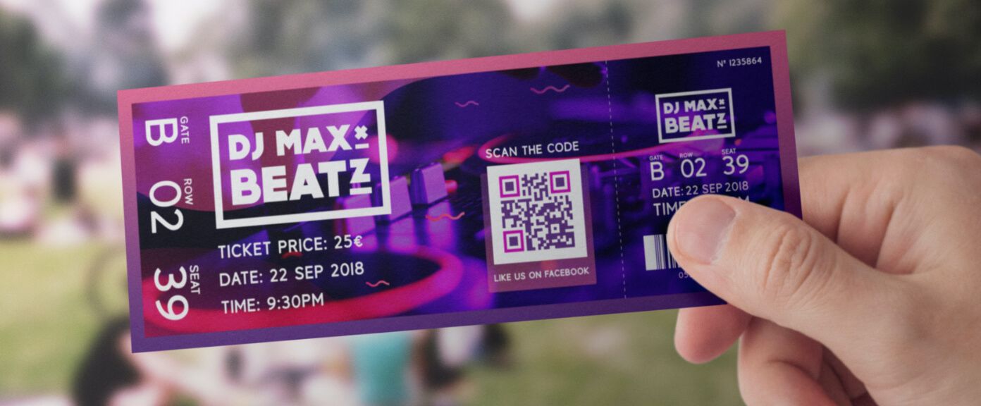 Eintrittskarte für ein Musikfestival mit einem QR Code, der für mehr Follower und Likes die entsprechende Facebook-Seite verlinkt.