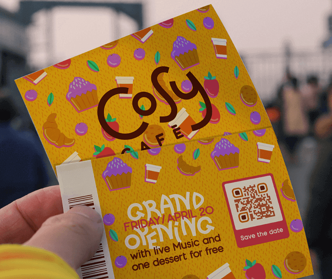 Einladungskarte für eine Eröffnungsparty mit einem QR Code, über den Kunden die Eventdetails in ihrem Smartphone-Kalender speichern können.