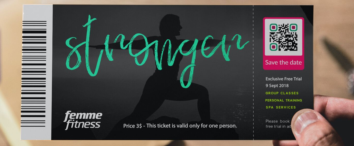 Eintrittskarte für ein Fitness-Event mit einem QR Code, über den Gäste die Eventdetails in ihrem Smartphone-Kalender speichern können.