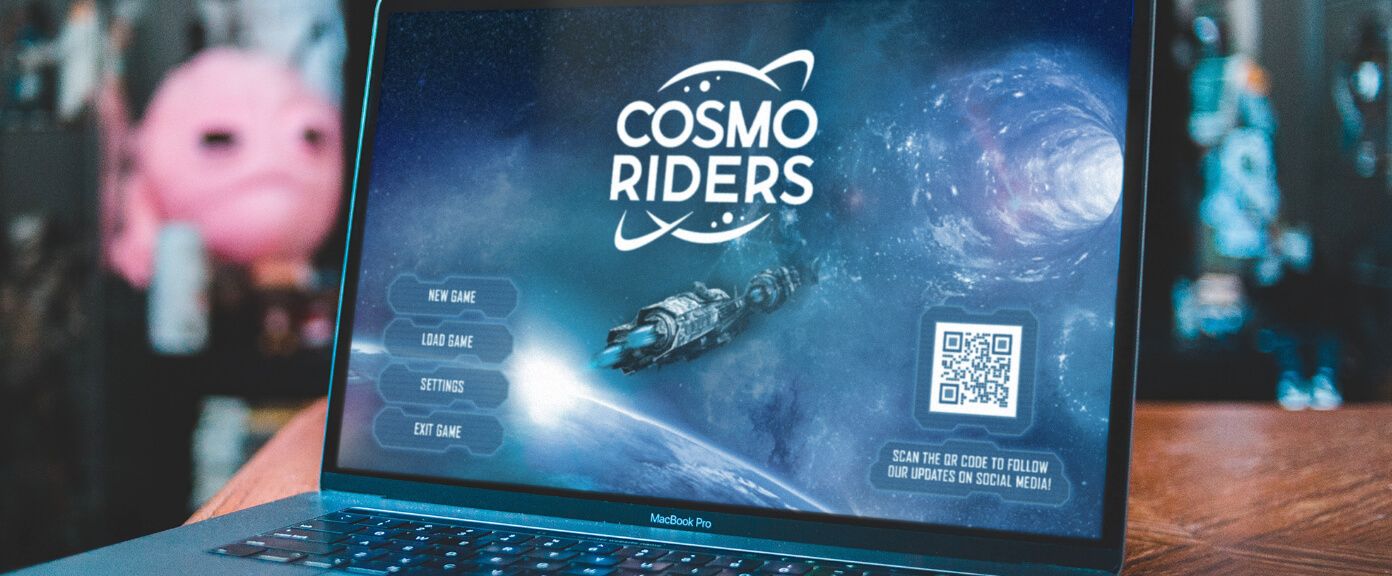 Homescreen des Spiels Cosmo Rider mit einem QR Code, der Spieler motiviert, Updates in den sozialen Medien zu folgen.