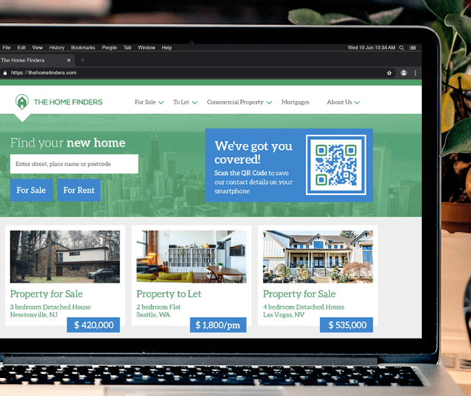 QR-Code-Idee auf einem Web-Banner zum Anbieten der Kontaktdaten eines Immobilienmaklers