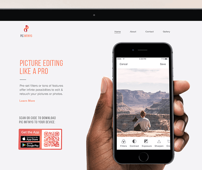 Webseite einer Bildbearbeitungssoftware mit einem QR Code, der die entsprechende App im Apple App Store und Google Play Store verlinkt.