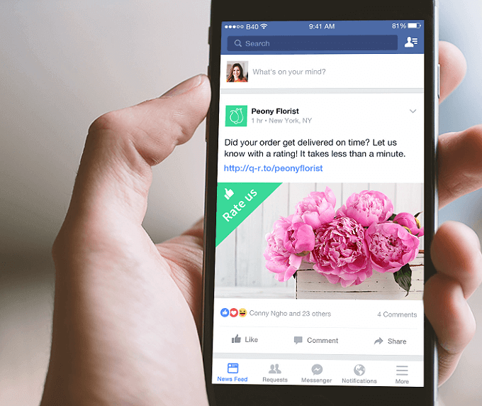 Eine Nachricht auf Facebook, die Kunden auffordert, über die Kurz-URL eines QR Codes Feedback abzugeben.