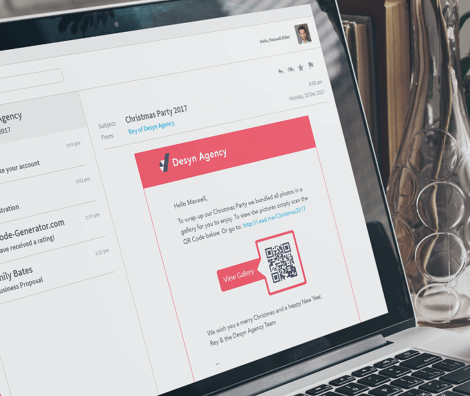 E-Mail-Screenshot mit einem QR Code, der Bilder in einem Galerie-Format verlinkt.