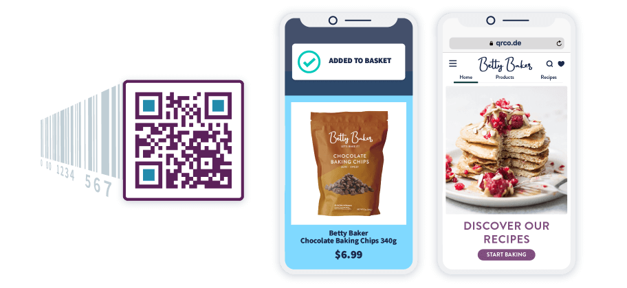 Ein Barcode, der sich in einen 2D Barcode verwandelt, neben zwei Smartphones, die die Möglichkeiten von 2D Barcodes veranschaulichen.