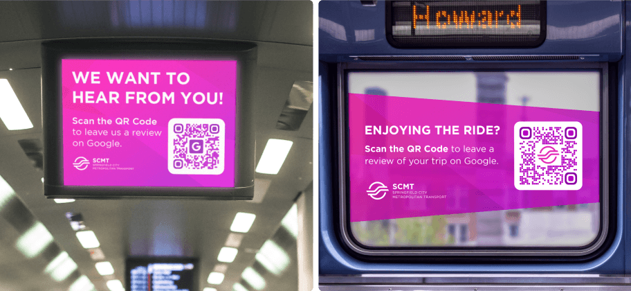 Digitale Anzeige in einem öffentlichen Verkehrsmittel mit einem QR Code, über den Fahrgäste eine Google-Bewertung abgeben können.