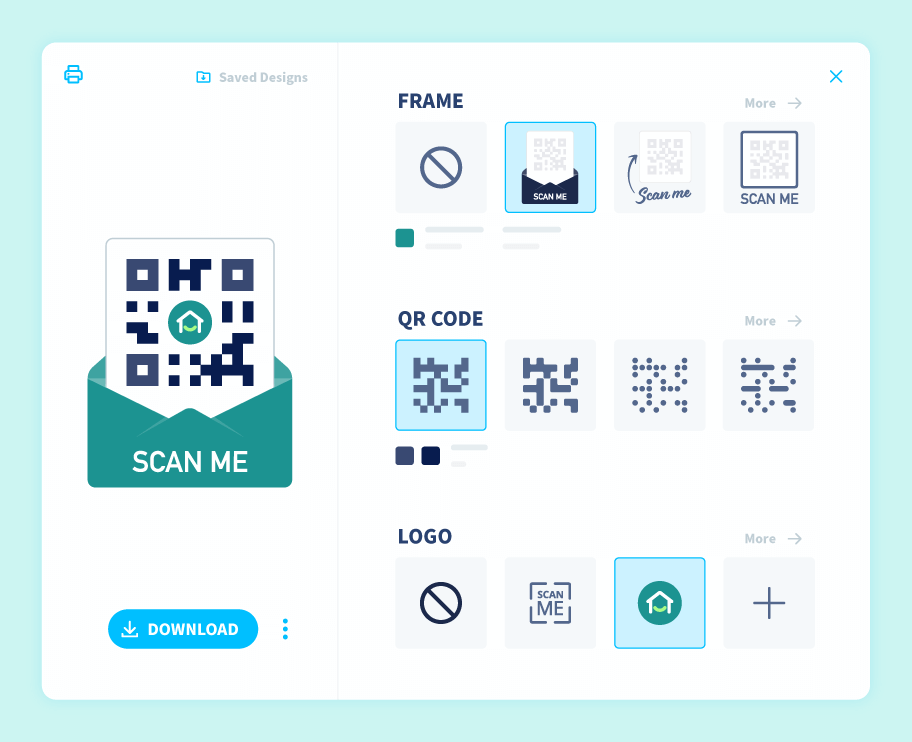 Menü in QR Code Generator, mit dem Nutzende ihren QR Code mit Frames, Formen und Logos individuell anpassen können.