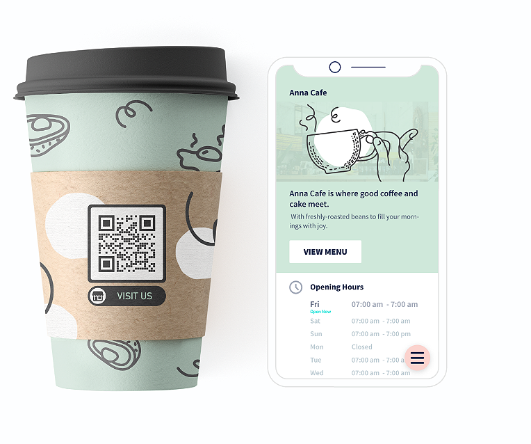 QR-Code-Idee auf einem Kaffeebecher mit einer Landingpage zum Anzeigen detaillierter Unternehmensinformationen