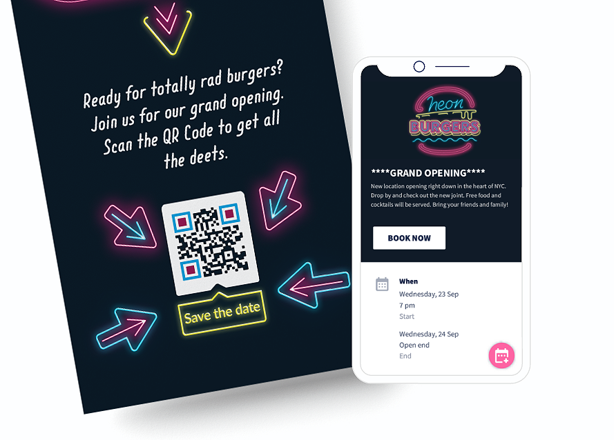 QR-Code-Idee auf einem Flyer mit einer Landingpage zum Anzeigen detaillierter Event-Informationen mit einem Button zum Speichern im Kalender