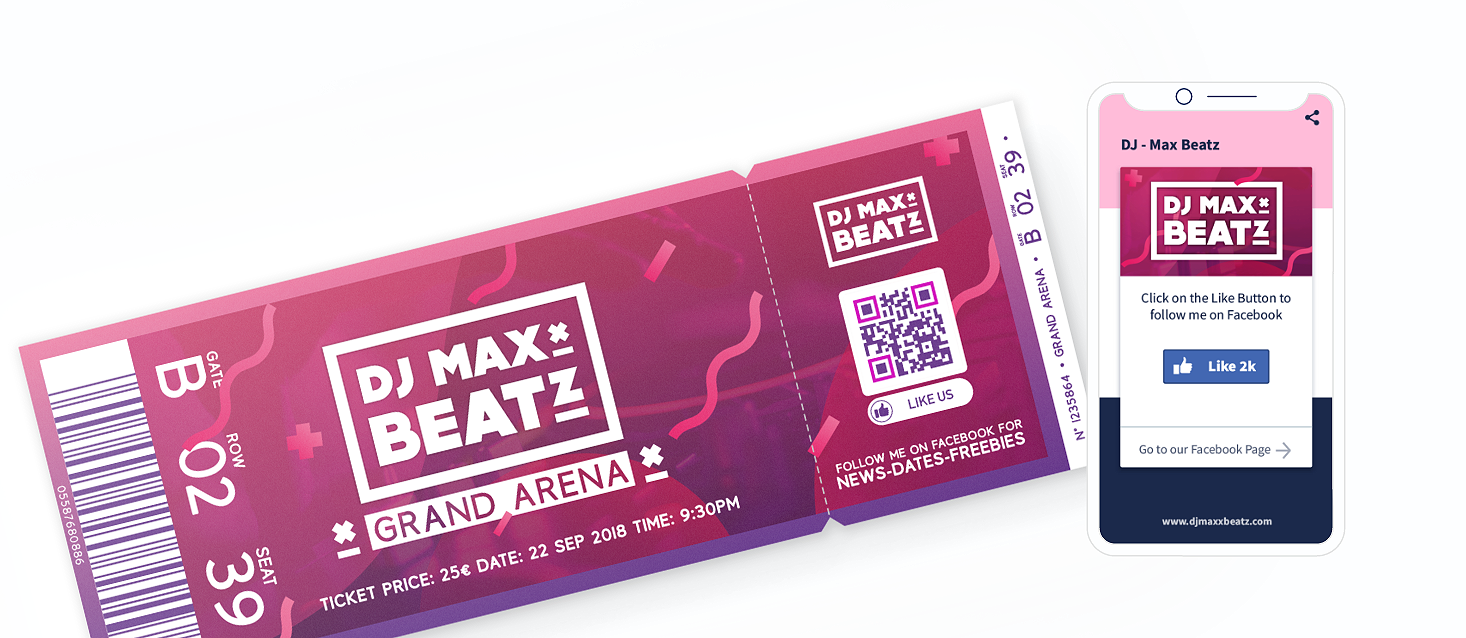 QR-Code-Idee auf einer Eintrittskarte mit einer Landingpage, die einen Like-Button anzeigt