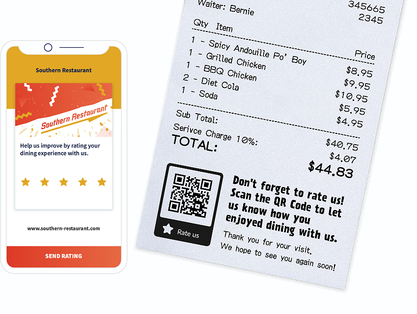 QR-Code-Idee auf einer Quittung mit einer Landingpage zum Anfragen von Kundenbewertungen