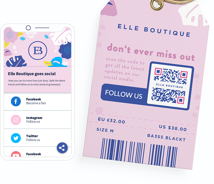 QR-Code-Idee auf einem Kleidungsanhänger mit einer Landingpage zum Anzeigen aller Social-Media-Kanäle auf einer Seite