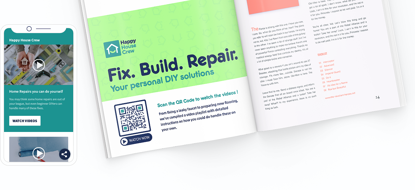 QR-Code-Idee auf einer Broschüre mit einer Landingpage zum Anzeigen mehrerer YouTube-Videos auf einer Seite