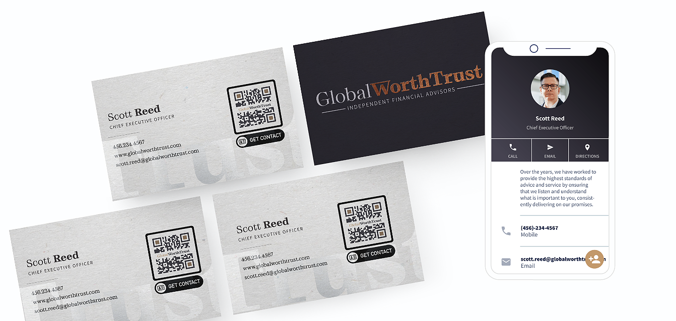 QR-Code-Idee auf einer Visitenkarte mit einer Landingpage zum Anzeigen von Kontaktinformationen mit einem Button zum Speichern auf einem Smartphone