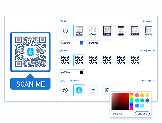 A design interface displaying a QR code with a "SCAN ME" label, customizable frame options, color selections, and logo upload feature.